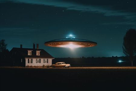 A large flying saucer hovered in the night sky over a farm. UFO invasion. Generative AIの素材