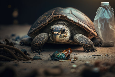 Big turtle among the garbage on the beach, polluted beach of the ocean or sea. Generative AIの素材