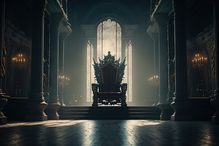 Royal throne. Throne of the king, queen. Gloomy throne room with an armchair. Generative Aiの素材
