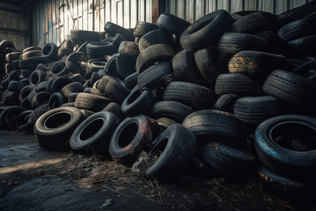 Dump of old used tires. Waste car tires for recycling. Generative AIの素材