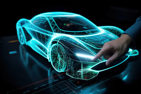 Car design using a holographic application in a digital tablet. Generative AIの素材