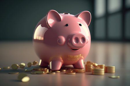 Pink piggy bank. Glossy smiling pink pig with golden coins around. Generative AIの素材