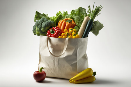 Grocery fabric bag filled with vegetables and herbs. Shopping in a supermarket. Generative AIの素材