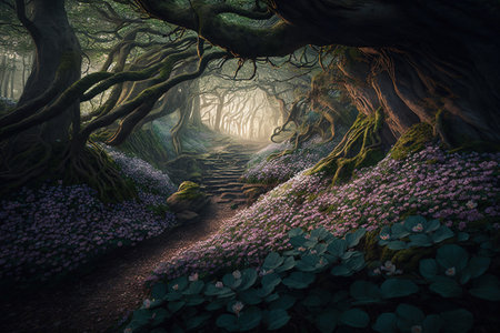 A beautiful, ancient, forest on a hill at dawn with old, knotted trees, flowers. Generative AIの素材