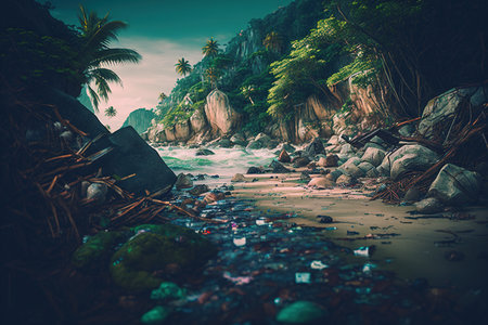 Tropical beach landscape filled with garbage. Save the planet. Generative AIの素材