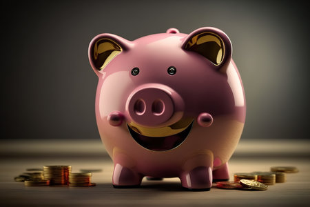 Pink piggy bank. Glossy smiling pink pig with golden coins around. Generative AIの素材