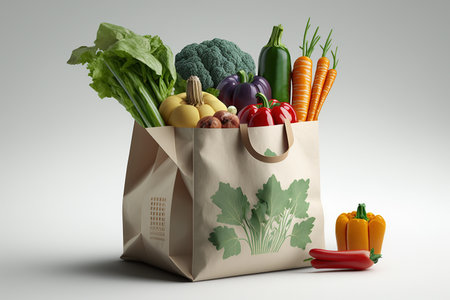 Grocery bag filled with vegetables and herbs. Food concept. Generative AIの素材