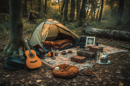 Rest in a tent in the forest. Full relax. Generative AIの素材