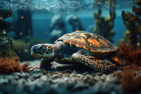 Turtle. Undersea world. A big beautiful turtle swims in the depths of the ocean. Generative AIの素材