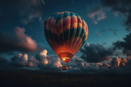 A balloon glowing in the clouds of the blue night starry sky. Aerostat. Generative AIの素材