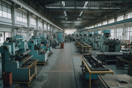 Work shop. Factory mechanized assembly line. Generative AIの素材