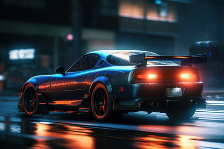 Sport car. Fast drive and drift on night highway in street racing style. Futuristic. Generative AIの素材