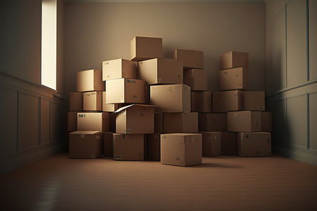 Brown moving boxes in an empty room. Relocation concept. Generative AIの素材