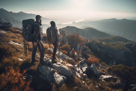 A young guy and a girl with backpacks and nordic walking sticks climbed the mountain. Generative AIの素材