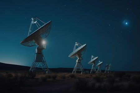 Space antennas in the desert against the background of the night sky. Generative AIの素材