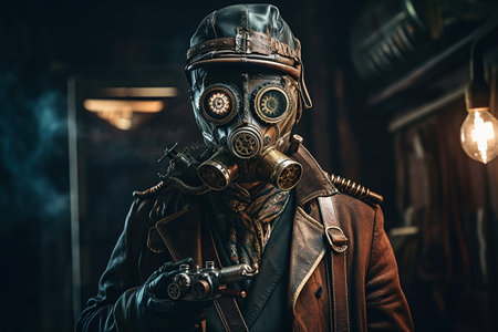The masked man is holding a gun. Steampunk style. Generative AIの素材
