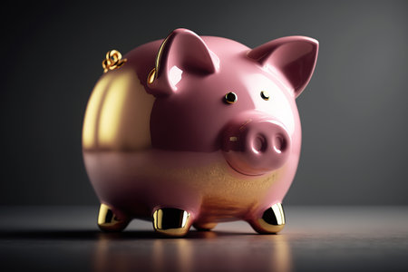 Pink piggy bank. Glossy smiling pink pig. Generative AIの素材