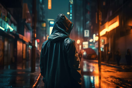 A hooded guy walks through an empty, rainy cyberpunk city. Generative AIの素材