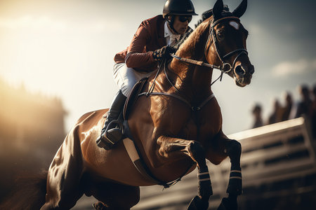 Jumping racehorse with rider on hippodrome. Performance at equestrian competitions. Generative AIの素材