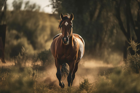 A beautiful brown horse galloping across the field. Mare, Stallion. Generative AI.の素材