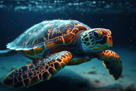 Sea turtle. Large beautiful turtle swims in the depths of the ocean among the corals. Generative AIの素材