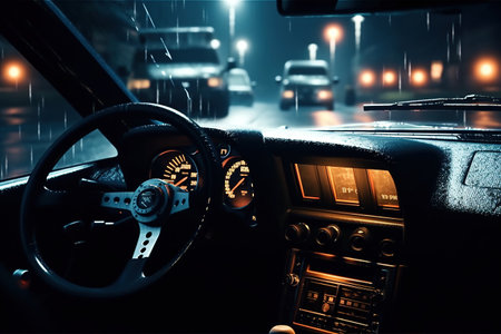 Gameplay video game racing simulator. View from inside the salon. Night racing. Generative AIの素材