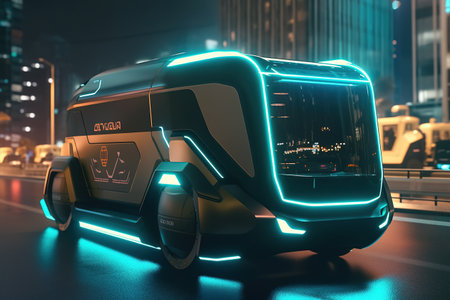 Futuristic autonomous truck with neon lighting along the body. Trucking. Cyberpunk. Generative AI.の素材