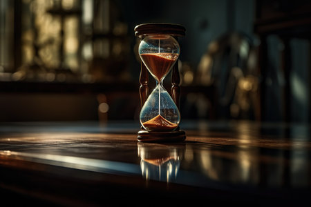 An elegant hourglass on a glossy table with a reflective surface. Countdown. Generative AIの素材