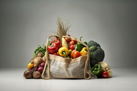 Grocery fabric bag filled with vegetables and herbs. Food concept. Generative AIの素材