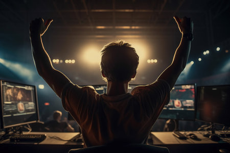 A professional esports raises its hands from behind a computer. Generative AIの素材