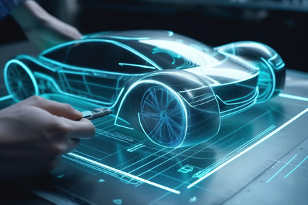 Innovative car. Car design with digital tablet app. Aerodynamic tests. Generative AIの素材