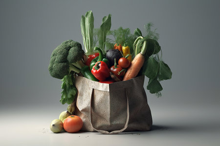 Grocery fabric bag filled with vegetables and herbs. Food concept. Generative AIの素材