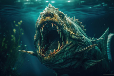 Monster fish. A large monster fish with an open mouth. Fantastic Fish. Generative AIの素材