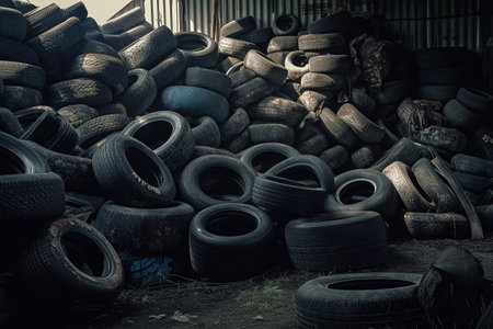 Old used tires. A huge number of car tires for recycling. Generative AIの素材