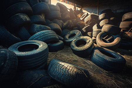 Dump of old used tires. Waste car tires for recycling. Generative AIの素材