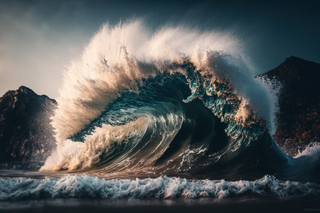 High waves on the beach. Raging ocean. Beach and active rest. Generative AIの素材