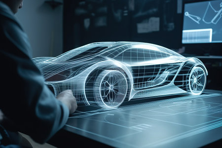 Car design using a holographic application in a digital tablet. Generative AIの素材