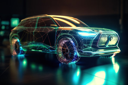 Car design using a holographic application in a digital tablet. Futuristic. Generative AIの素材
