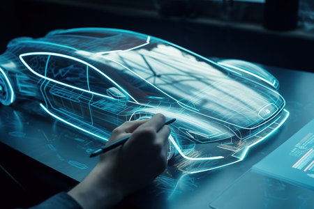 Car design. Development innovative electric vehicle. Aerodynamic tests. Generative AIの素材