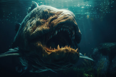 Big monster fish with open mouth and big teeth. Monster fish. Fantastic fish. Generative AIの素材