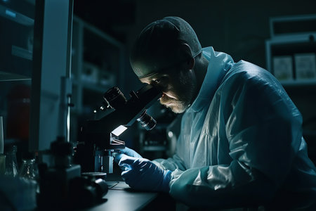 A scientist conducts research with a microscope in a science lab. Generative AIの素材