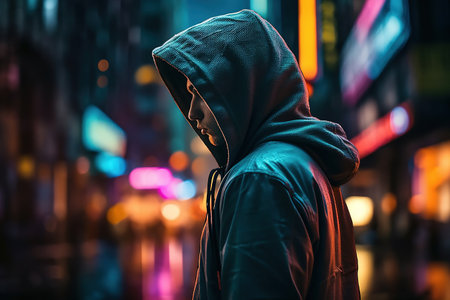 Hooded guy in an empty city. Cyberpunk. Generative AIの素材