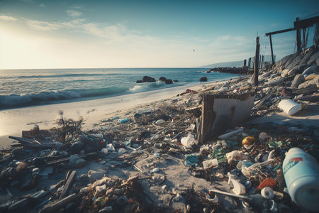 Abandoned beach due to trash on the shore. Generative AIの素材