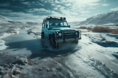 A modern SUV confidently moving through the breathtaking frozen wastelands. Generative AIの素材