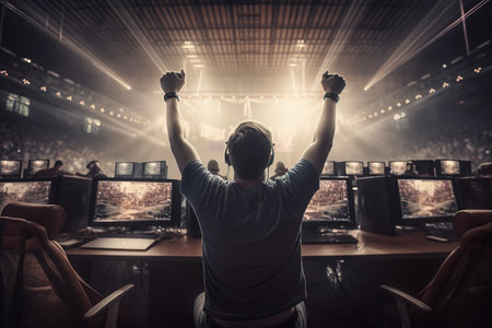 A professional e-sportsman rejoices at the victory in the sports arena. Generative AIの素材