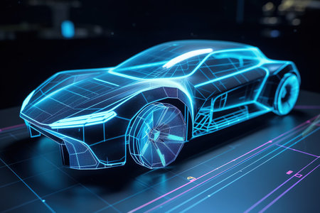 Innovative car. Car design with digital tablet app. Aerodynamic tests. Generative AIの素材