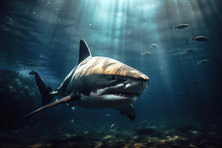 Great white shark swims underwater. Undersea world. Toothy dangerous shark. Generative AIの素材