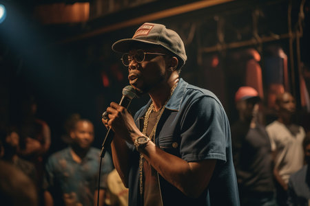 A black hip-hop performer raps. Fans in the hall. True rap. Concert. Generative AIの素材