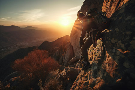 The man climbs the mountain. Peak Conqueror. Generative AIの素材