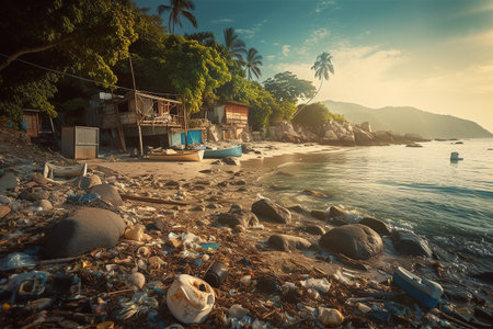 Tropical beach landscape filled with trash. Generative AIの素材